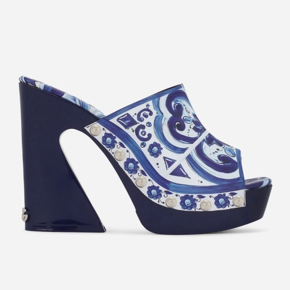 DOLCE & GABBANA Majolica-Print Polished Calfskin Clogs - Picture 1 of 16